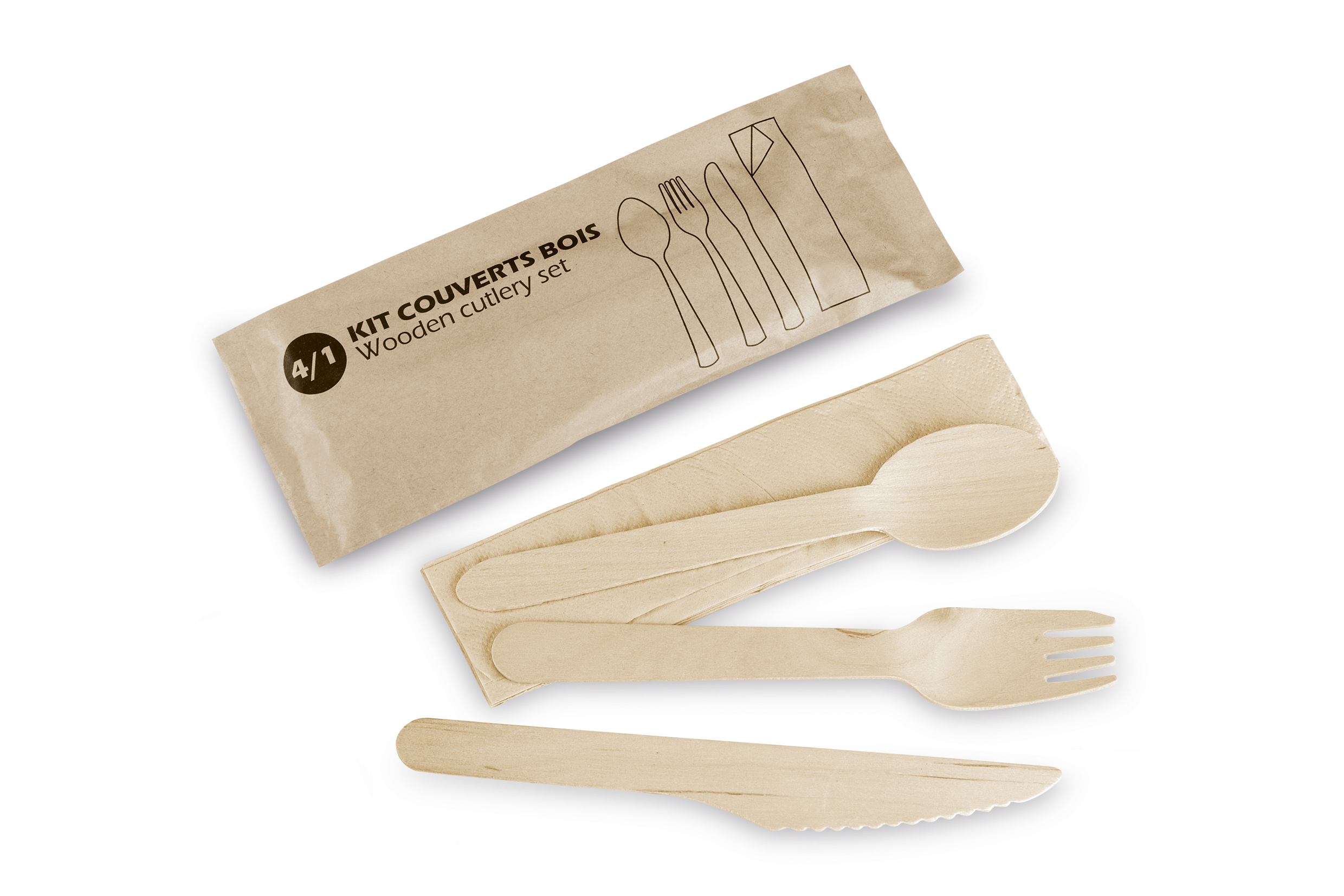 Sachet "Déjeuner" 4/1 couverts en bois  - KITBOIS4