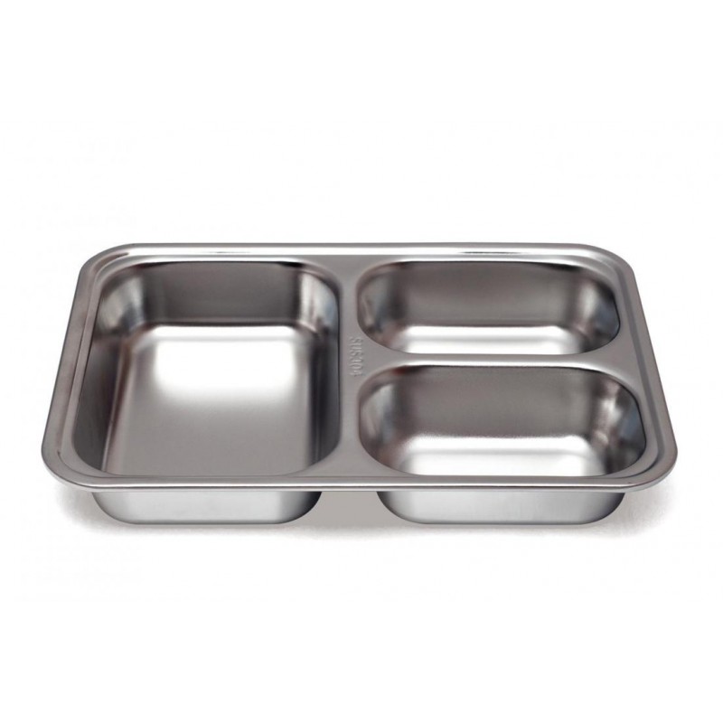 Assiette rectangulaire en inox à 3 compartiments