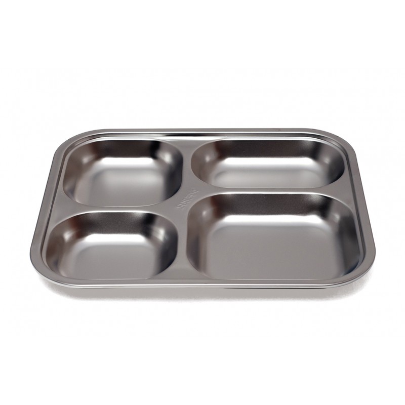 Assiette rectangulaire en inox &agrave; 4 compartiments